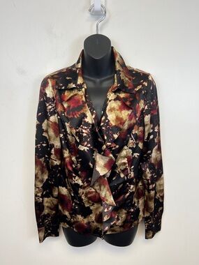 Jones New York Red Black Brown Floral Blouse V Neck Stretchy Ruffle Size S